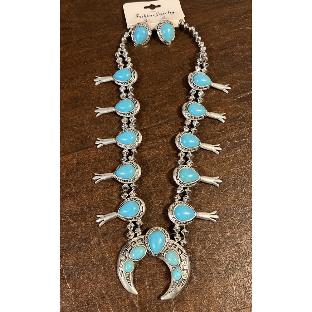 Southwestern Faux Blue Turquoise Squash Blossom Necklace & Earrings Set